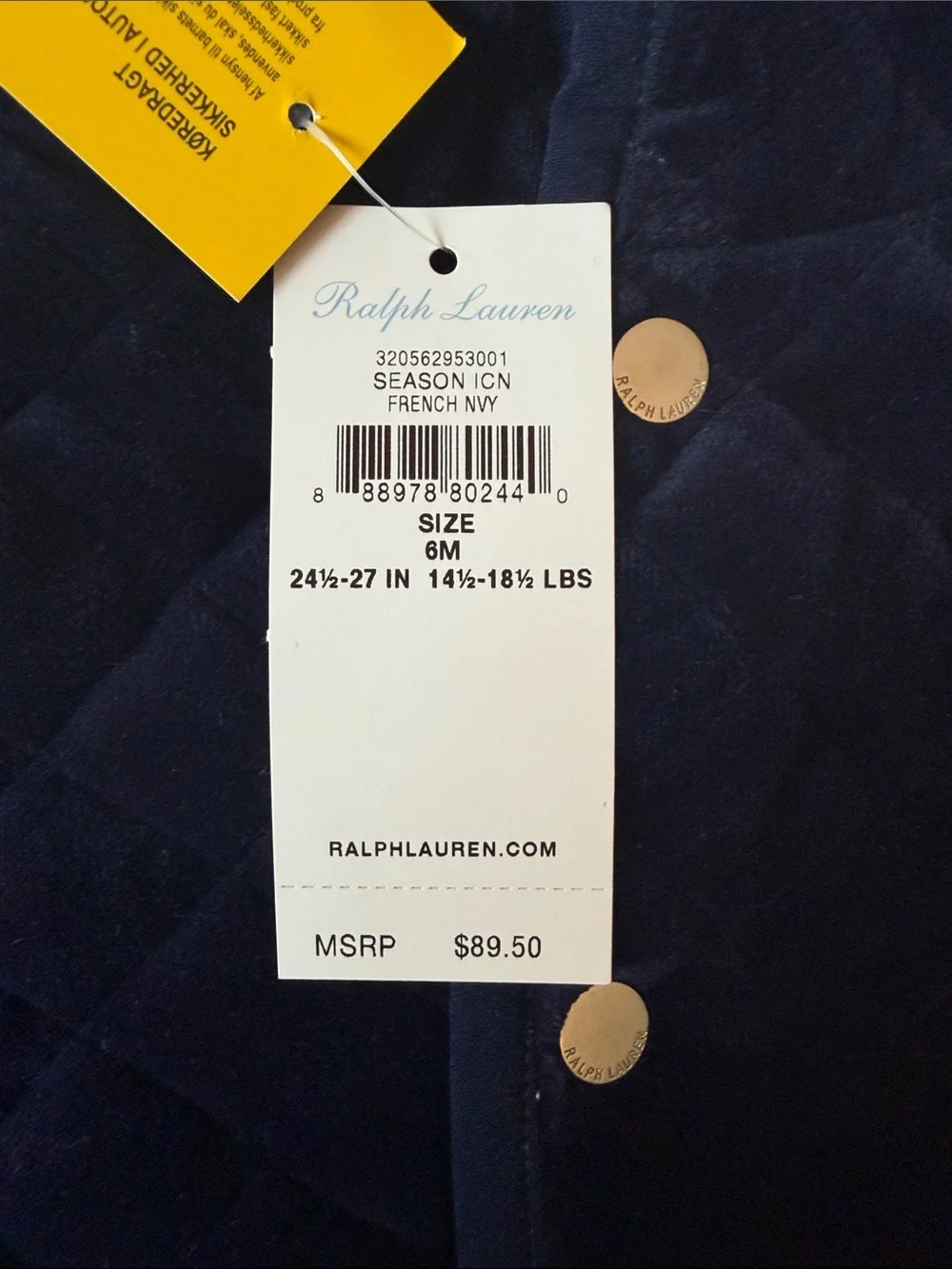 Ralph Lauren French Navy Quilted Hooded Baby Snowsuit NWT 6M
